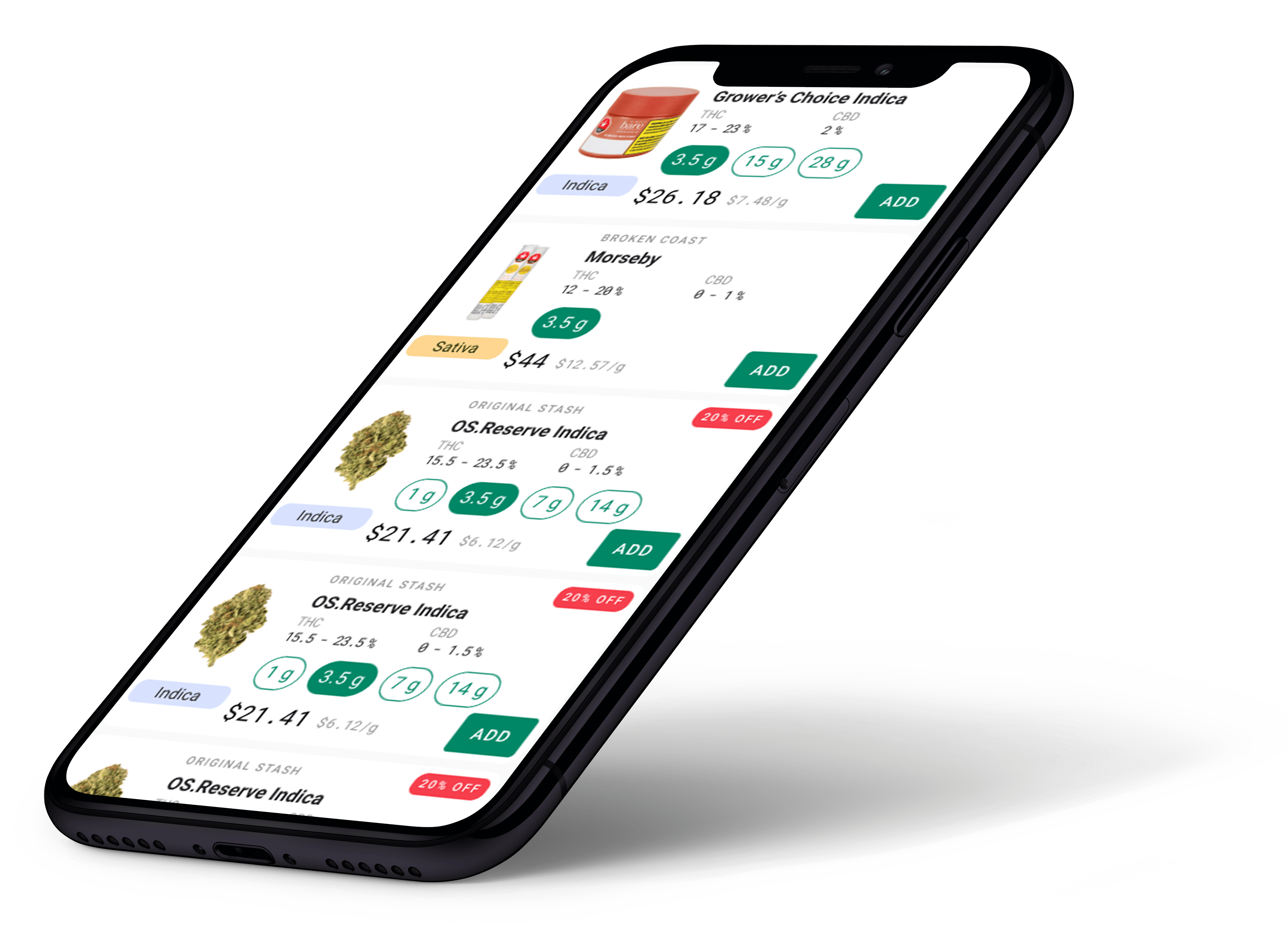image of smartphone with cannabis menu